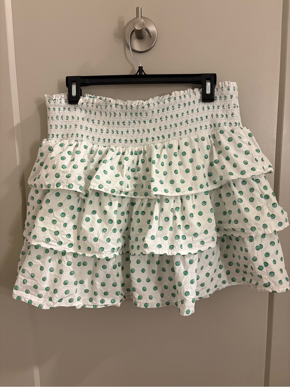 Roller Rabbit White Tiered Mini Skirt with Green Polka Dots